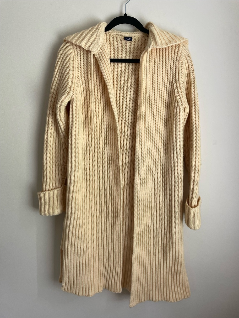 VTG Gap Ribbed Knit Cardigan Cream Wool Blend Tasseled Hood Size Small